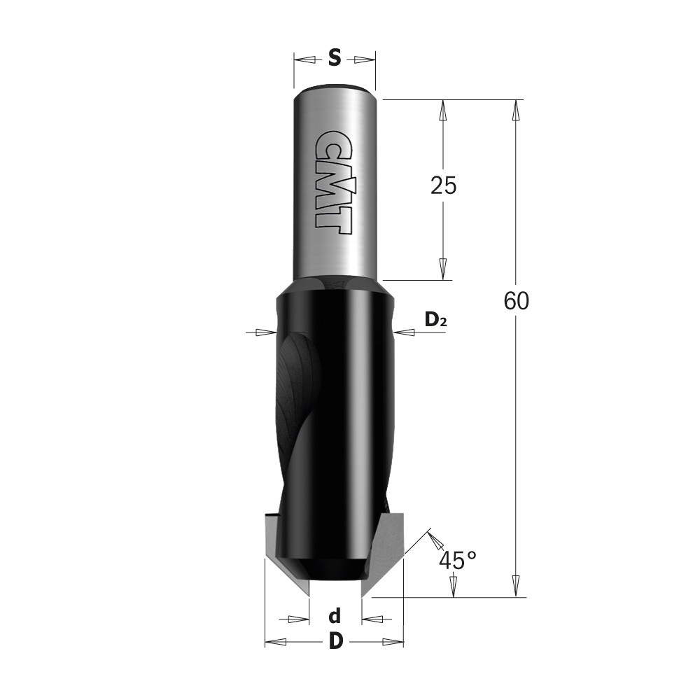 CMT Försänkare HW Z=2, 45° Ø4,0/12  S=8x25   L=60  LH