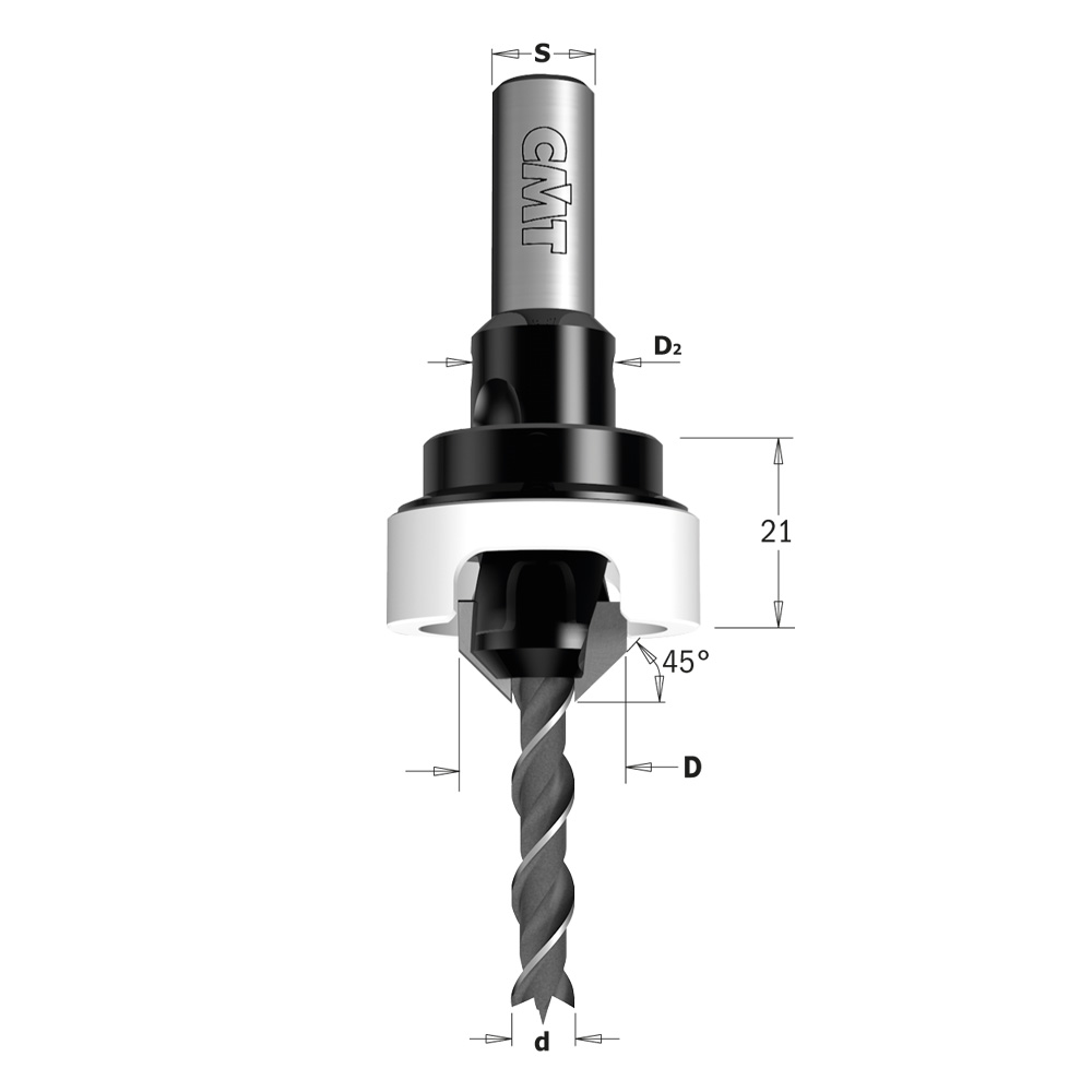 CMT Försänkarset HW Z=2, 45° komplett Ø6,0/16 S10x25 inkl borr/stopp